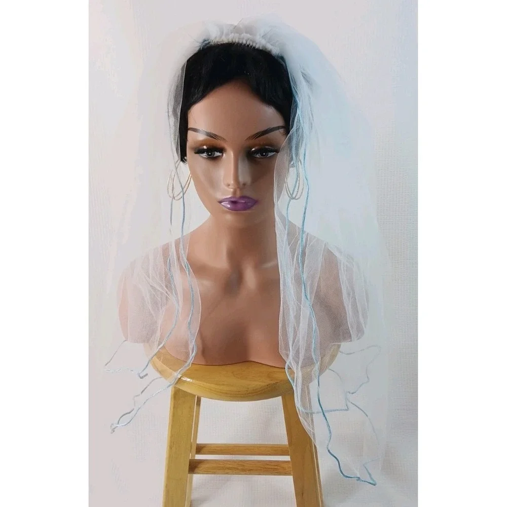 Bridal wedding Tulle net Blue Rolled hem Hair Comb layered short Veil 29.5